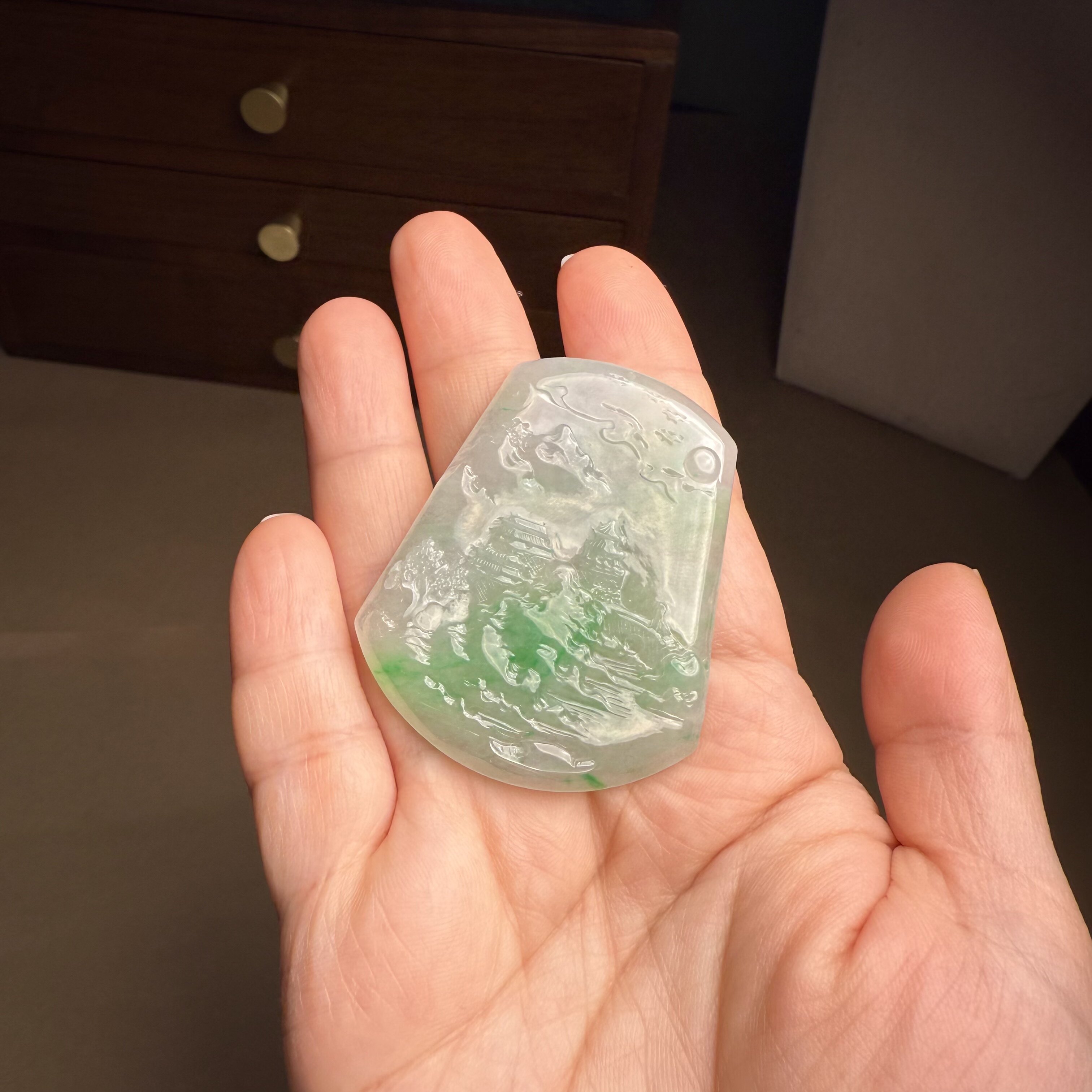 H218翡翠冰种山水牌吊坠挂坠精品收藏礼物天然双面挂件玉高端证书