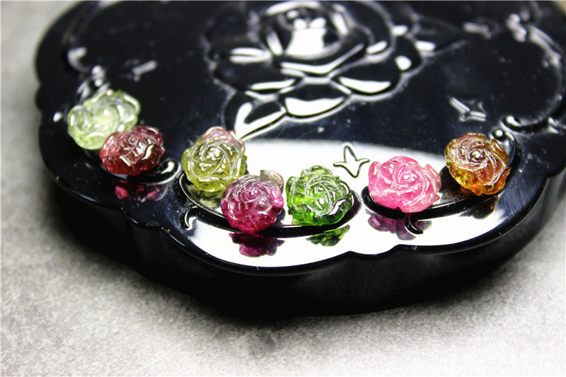 I21雕件碧玺绿碧玺卢比来粉红西瓜7颗宝石天然无孔戒面花朵双色多