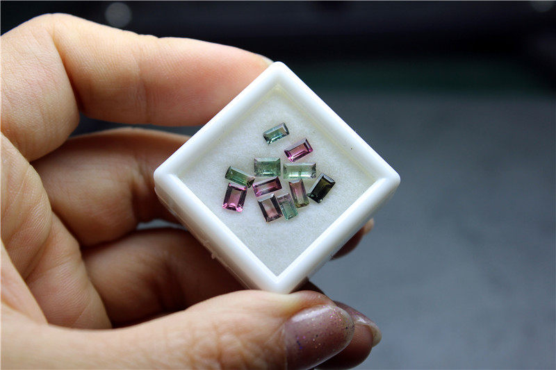 JJ8碧玺全净双色碧玺宝石方形长方镶嵌戒面配石11颗天然珠宝设计