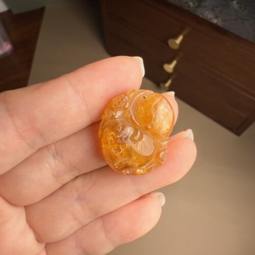 G67碧玺老碧玺老物吊坠黄色雕刻雕件老工艺珍品双桃寿桃蝙蝠灵兽 - 封面