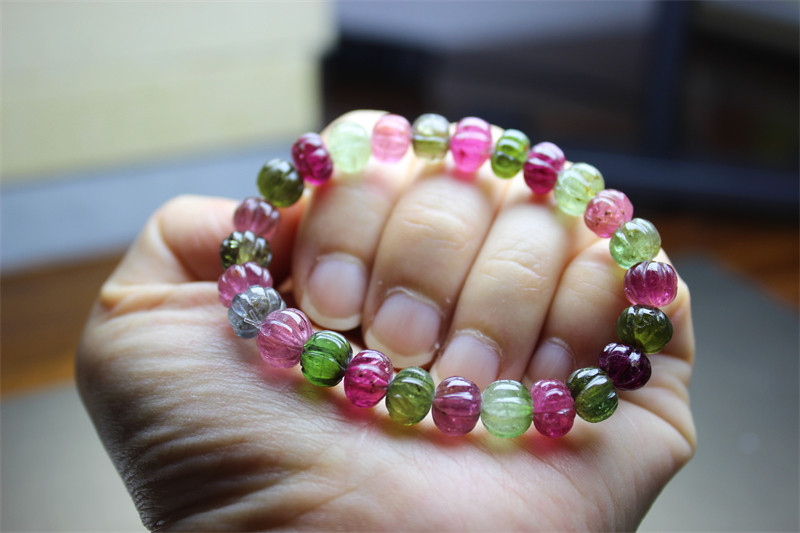 A81碧玺灯笼珠雕刻手链手串西瓜彩虹色复古VINTAGE南瓜灯稀有宝石