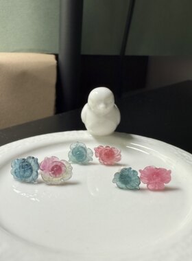 G59碧玺雕刻花朵粉蓝耳钉纯银AB版帕拉伊巴蓝礼物秒发证书