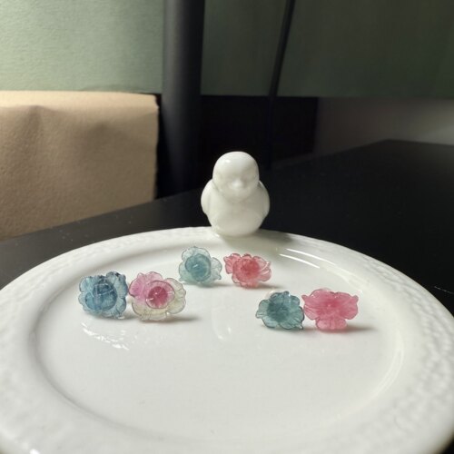G59碧玺雕刻花朵粉蓝耳钉纯银AB版帕拉伊巴蓝礼物秒发证书