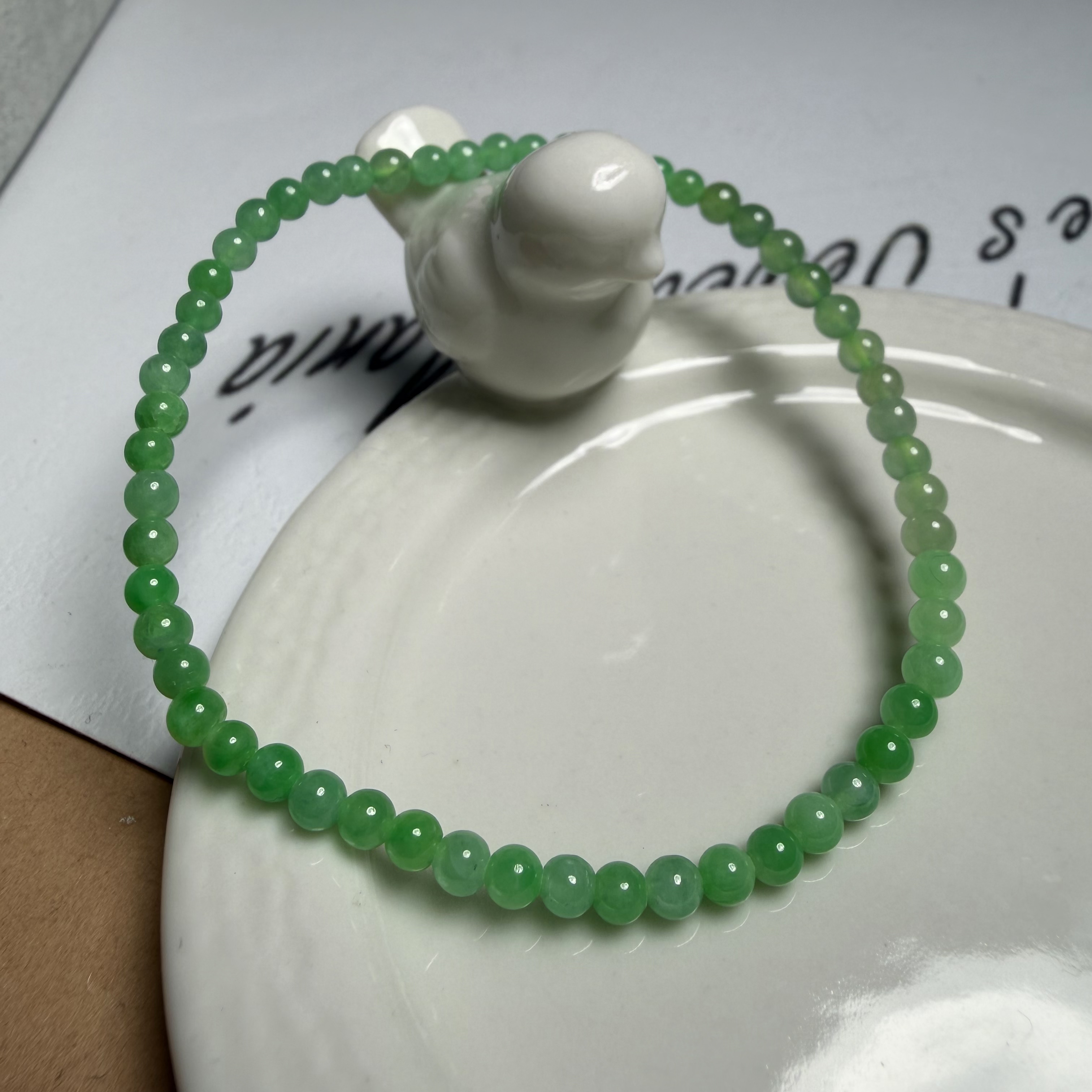 J51翡翠圆珠米珠手链手串叠戴天然满绿甜绿冰种3.5mm小绿珠证书
