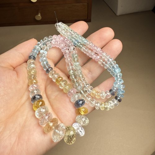 H32海蓝宝长项链刻面算盘珠车轮珠全净清爽宝石塔链多色绿柱石