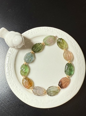 H31老碧玺蓝色翠绿手工雕刻手链大珠椭圆隔片散珠散串珠串顺丰