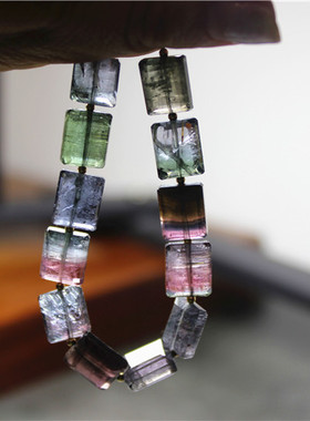 WW7碧玺 巴西 老矿方形方块 罕见 粉紫色双色三色天然 手串收藏