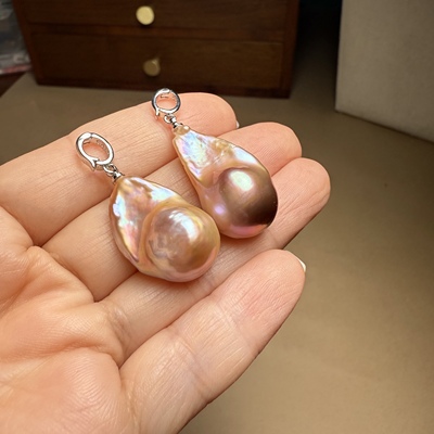 H828珍珠大巴洛克灯泡奢华天然耳环耳坠吊坠DIY礼物礼盒25*15mm