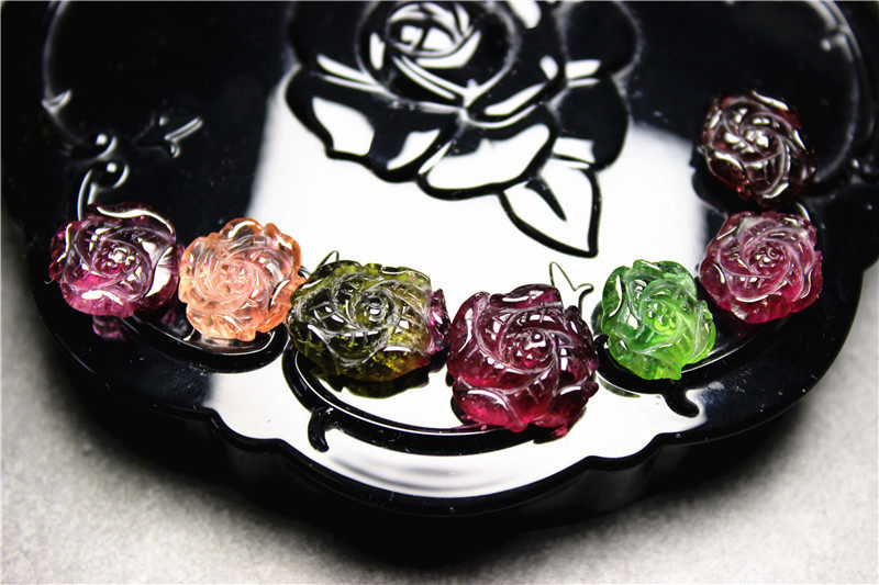 WW2牡丹花雕件碧玺红碧玺西瓜双色翡翠绿7颗宝石天然无孔戒面花朵