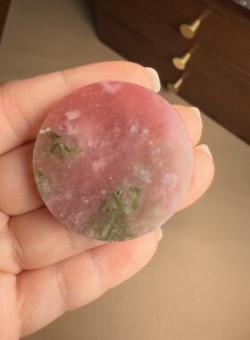 G62碧玺圆牌西瓜色粉绿宝石毛衣链圆形设计稀有吊坠古典意境证书
