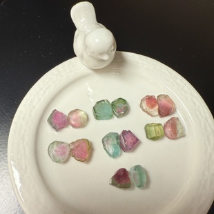 G51碧玺原石西瓜双色无孔宝石7对裸石块状耳环耳饰DIY镶嵌原料