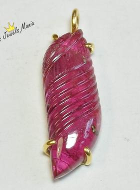 F2碧玺雕刻镶嵌8K金吊坠粉红色果冻公主巴西罕见彩宝现货