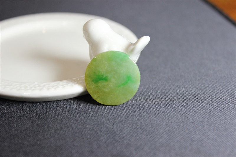 YY15翡翠黄绿戒面圆形圆盘裸石镶嵌满绿天然证书现货包邮意境大
