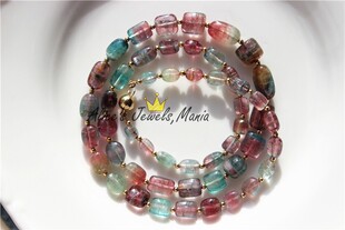 KK26碧玺巴西光滑椭圆鼓珠圆柱西瓜双色复色可爱长项链14K黄金