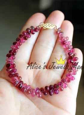 Y3碧玺巴西老矿圆水滴切角刻面粉红色ruby红手链14K黄金珠宝彩宝