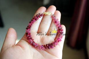 Y3碧玺巴西老矿圆水滴切角刻面粉红色ruby红手链14K黄金珠宝彩宝