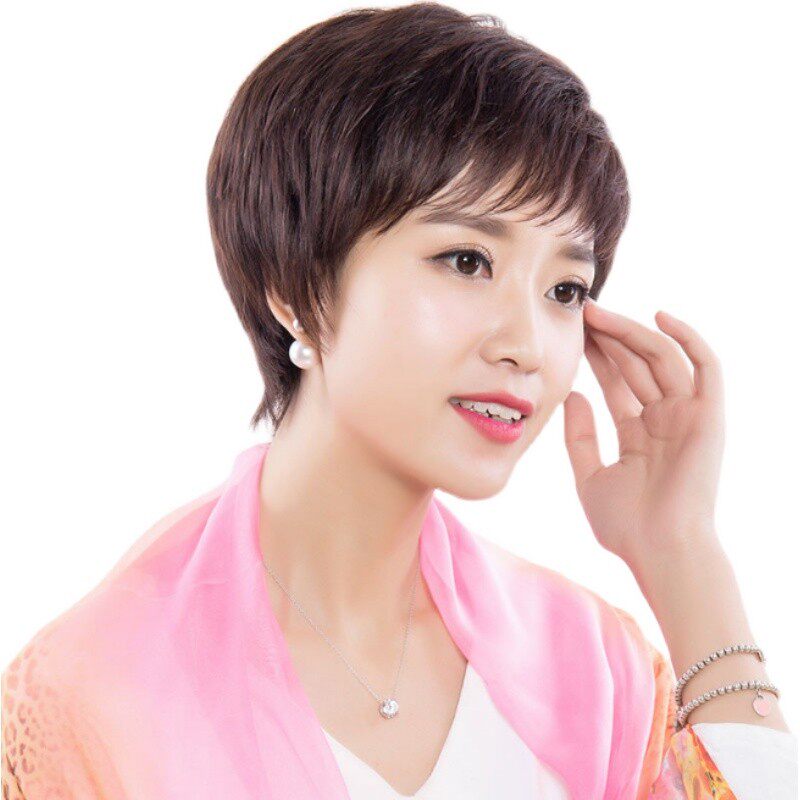 假发女短发自然逼真短直发女士中老年妈妈真发圆脸发型轻薄款蓬松