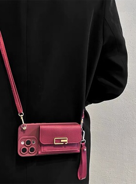 酒红回字扣零钱包适用opporeno13手机壳挂绳reno1211pro斜跨背带reno1098手提A97A96findx8硅胶A58A3A1防摔套