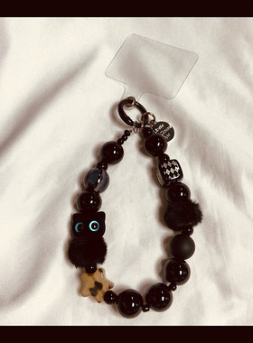 黑色猫咪方块珠子手机链手机壳挂链ccd相机挂链钥匙防丢链手提链