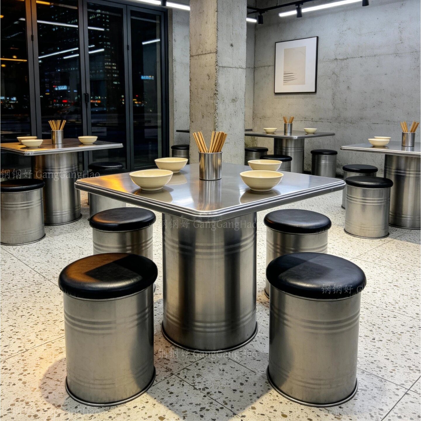 工业风不锈钢油桶火锅桌商用餐桌椅组合多人餐饮饭馆套装韩式烤肉