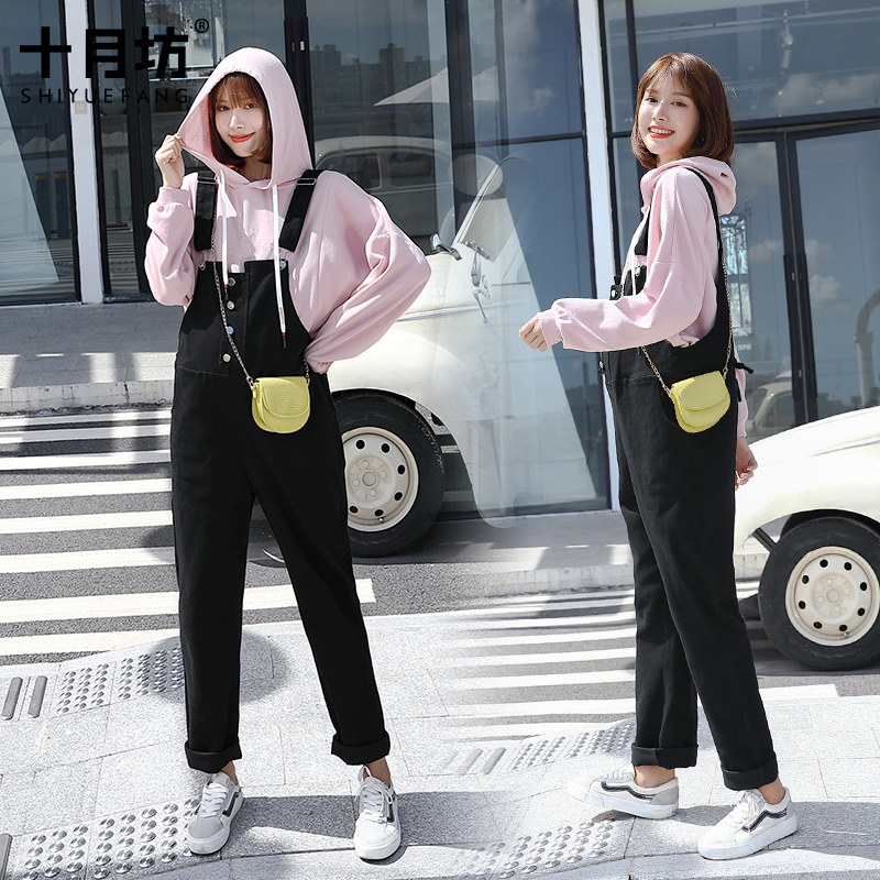 孕妇背带裤春秋款套装外出宽松休闲吊带裤子时尚牛仔裤秋季潮辣妈