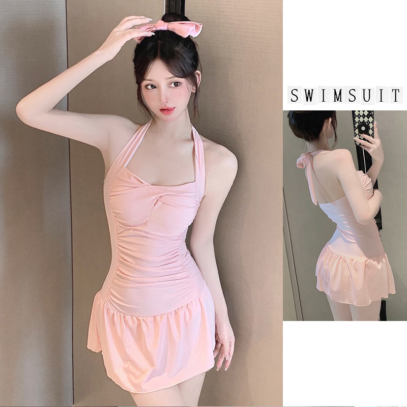 泳衣女款连体吊带纯色保守显瘦修身甜美纯欲风泳衣泡温泉