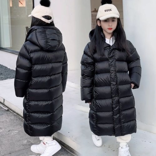 男女童黑金羽绒服长款加厚白鸭绒