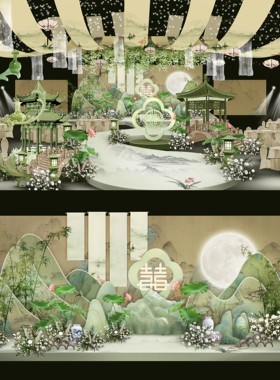 X088中式绿色庭院山水婚礼效果图花园婚礼手绘效果图psd源文件