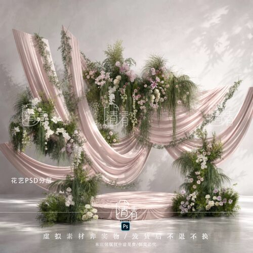 Q17韩式小众粉白色婚礼效果图花艺素材婚礼迎宾区花艺素材psd