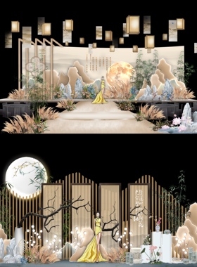 X102 新中式香槟色婚礼效果图中式婚礼背景设计效果图psd源文件