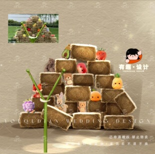 YQ2522小众户外婚礼草垛堆头道具效果图素材婚礼互动愤怒小鸟素材