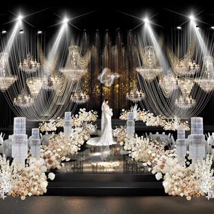 黑金色老钱风婚礼效果图金色线帘金色亮片水晶灯素材psd分层