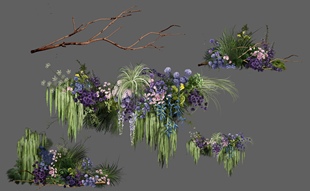 H191小众绿紫色婚礼花艺素材ps源文件枯藤树枝婚礼道具婚礼效果图