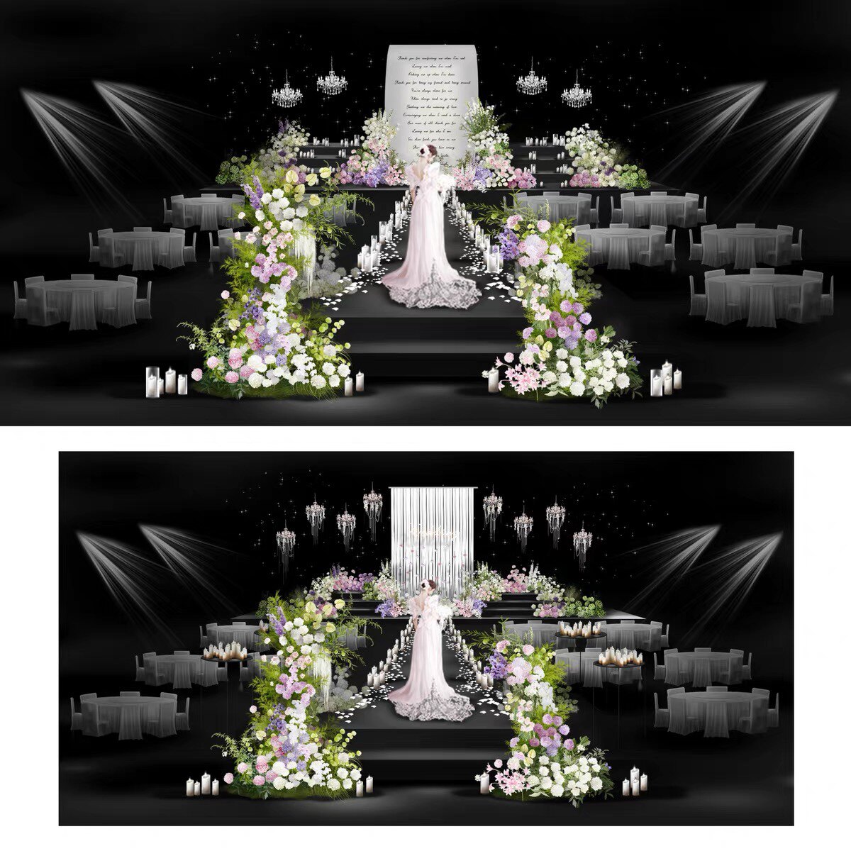 X285韩式水晶丁达尔粉紫绿色婚礼效果图ps源文件韩式婚礼花艺拱门