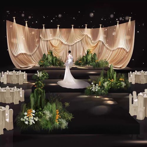 C65韩式布幔小众婚礼效果图韩式绿植婚礼效果图绿色自然花艺素材