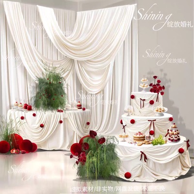 米白布幔三层甜品桌白绿红色花艺素材ps布幔迎宾区婚礼圣诞效果图