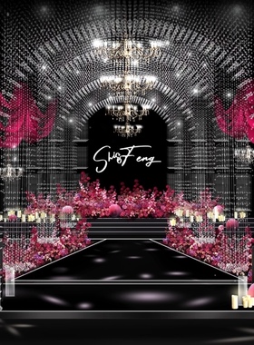 X013玫红色布幔水晶剧场风高端婚礼效果图迎宾签到区psd源文件