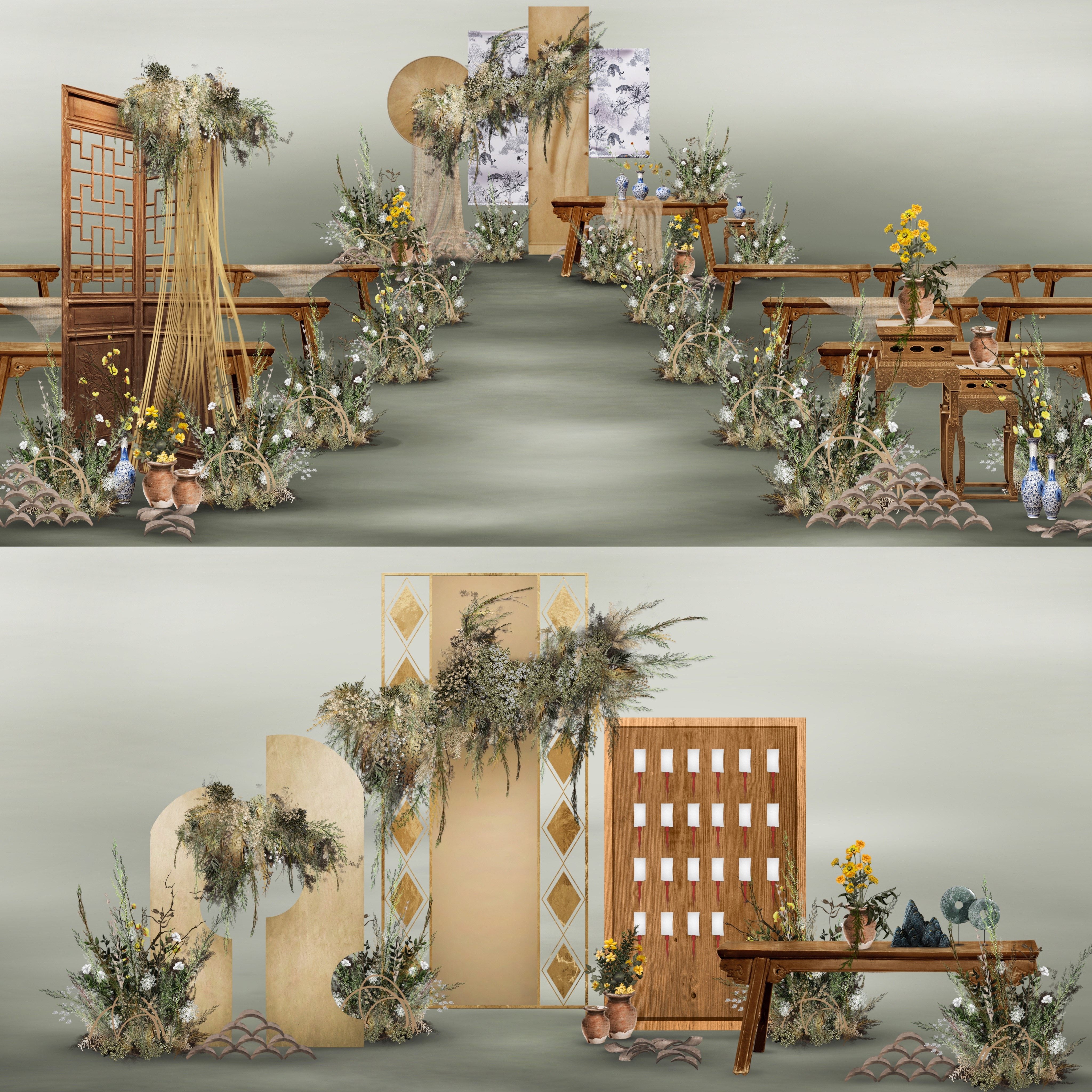 x089 新中式户外草坪婚礼效果图户外长椅道具手绘素材psd源文件