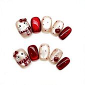 红色新款 纯手工蝴蝶结可爱猫眼穿戴波点圣诞指甲显白贴片新年美甲