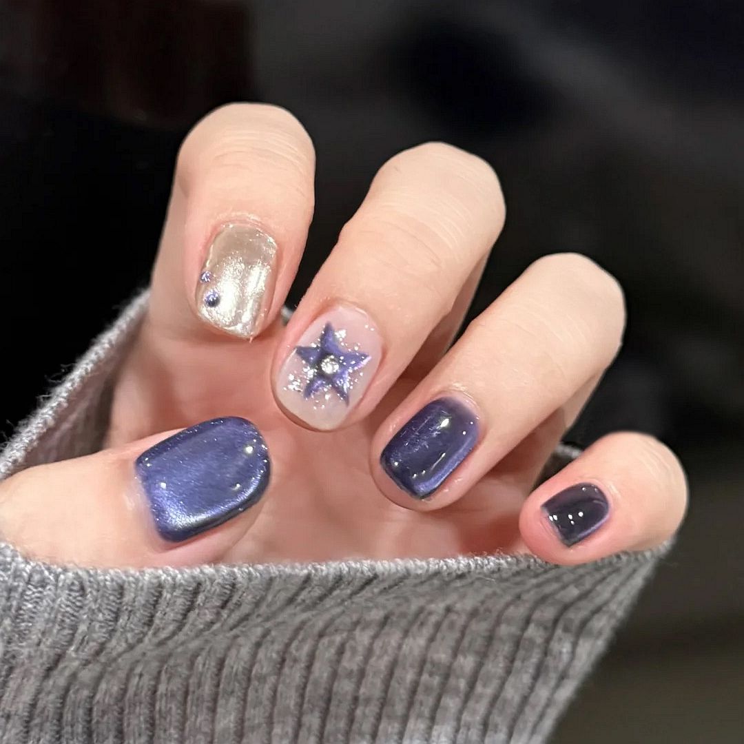 新款y2k显白蓝紫色猫眼手工穿戴甲星星美甲甜酷可拆卸ins短款辣妹