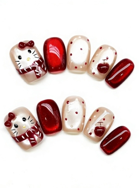 Maxfine卡通KT猫穿戴甲红色可爱美甲贴片假指甲成品甲片