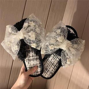 日系GP公主风时尚 ins潮 居家用室内毛毛拖鞋 女秋冬少女一字棉拖鞋