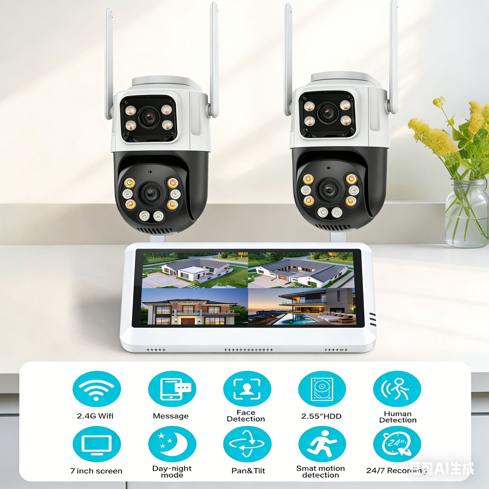 CCTV监控系统wifi带屏双目球机监控摄像头套装摄像头带屏录像机