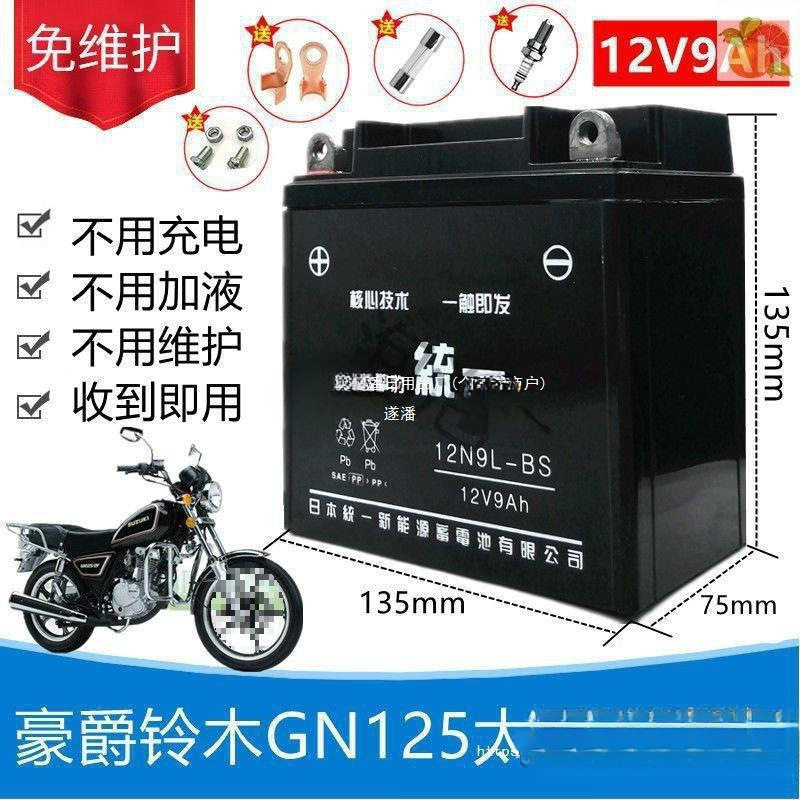 豪爵铃木GN太子HJ125-8男士摩托车免维护蓄电池12V9A干电瓶