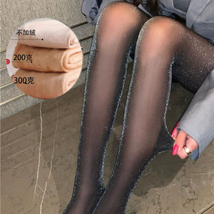 双层假透肉秋冬款加绒加厚银丝连裤袜亮丝银葱打底裤显瘦女黑丝袜