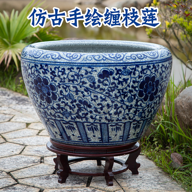 景德镇陶瓷金鱼缸养荷花睡莲盆手绘书画缸庭院客厅高档仿古缠枝莲