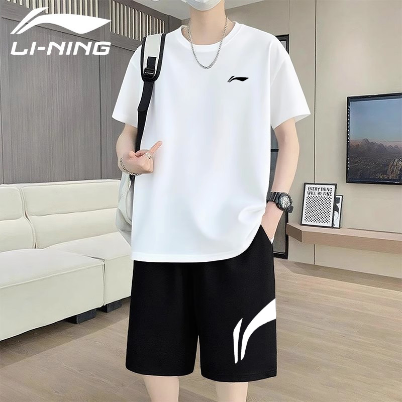 李宁运动套装男夏季新款冰丝速干短袖短裤跑步健身训练服两件套