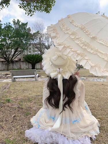 原创手作Lolita草帽森系甜美蝴蝶结法式花朵遮阳帽子洛丽塔平顶帽