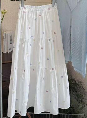清新刺绣碎花白色半身裙女夏季小个子a字百褶裙中长款大摆裙伞裙