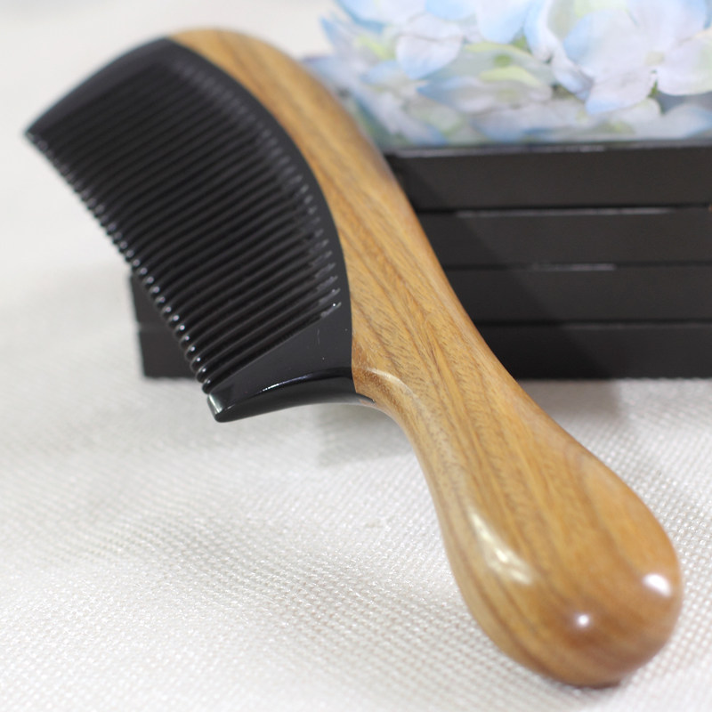 缘木轩绿檀牛角梳子 檀木梳子 大号梳子 带手柄长发梳 礼品送妈妈